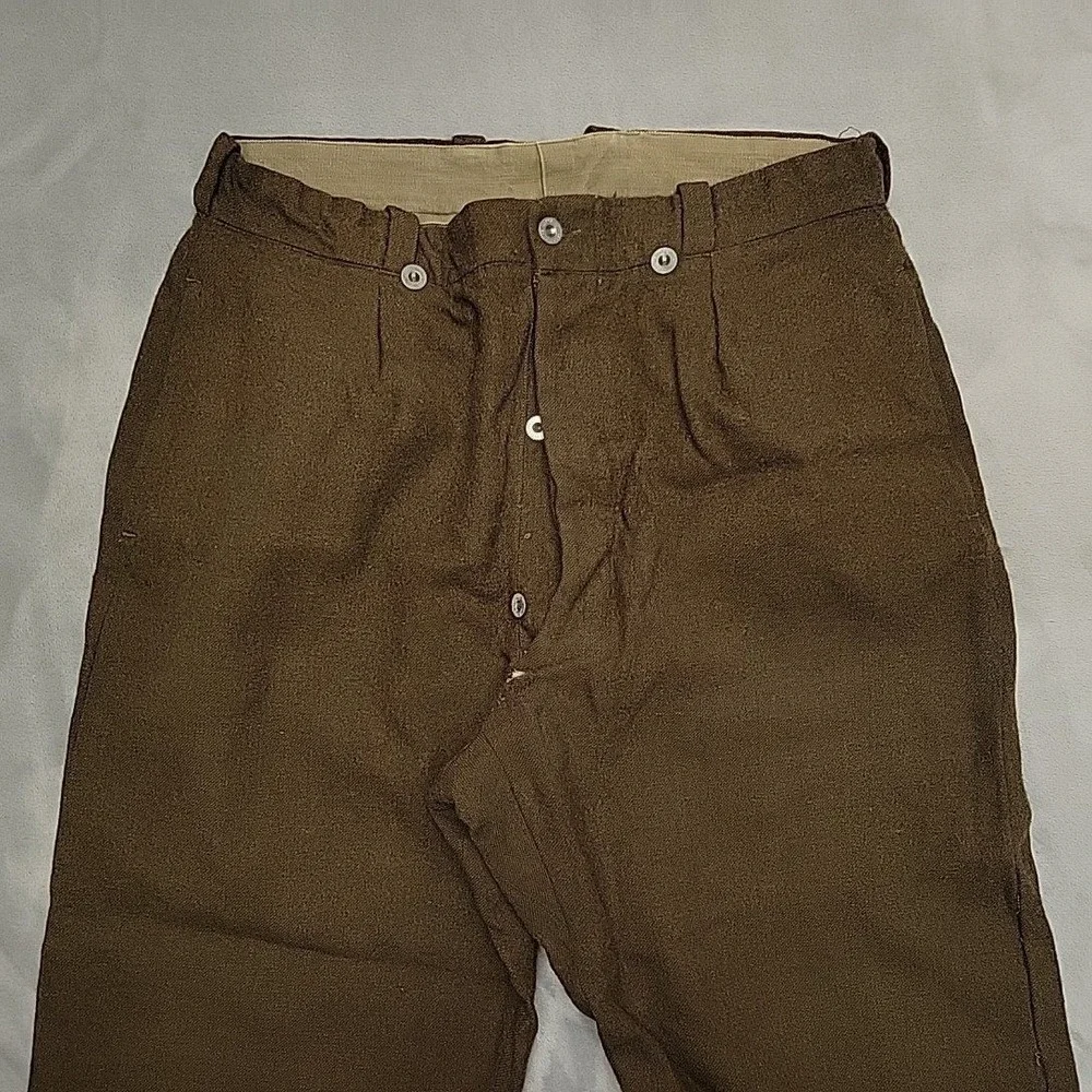 VTG French Military Pants Men 36x28 Brown Wool Service Trousers‎ Button Fly 50s